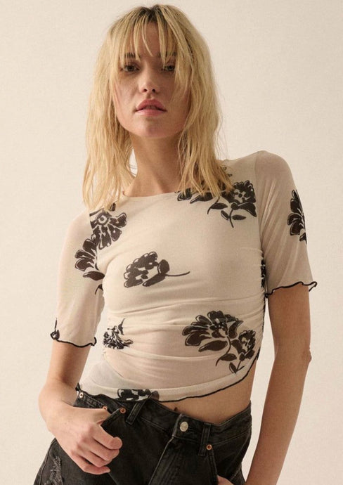 Deco Blooms Floral Mesh Cropped Asymmetrical Top